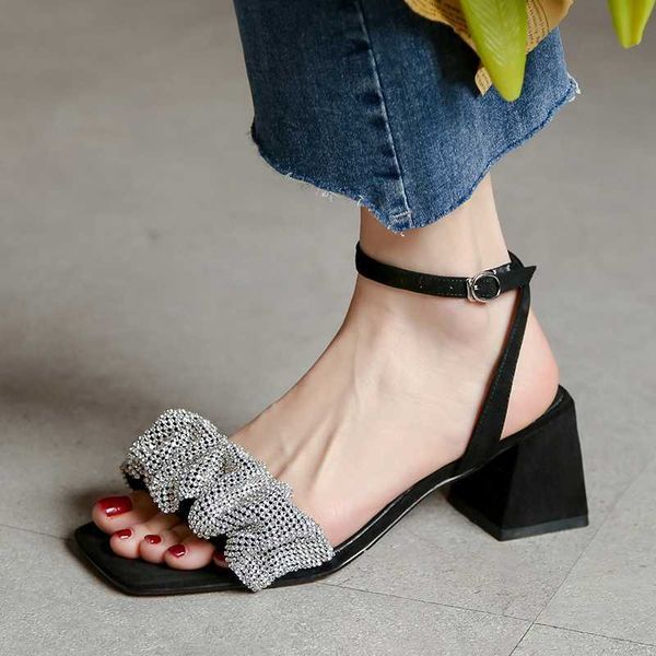 sandals luxury designer rhinestone women sandals shiny crystal pleated band gladiator sandalias mujer glitter high heels summer shoes g23032, Black