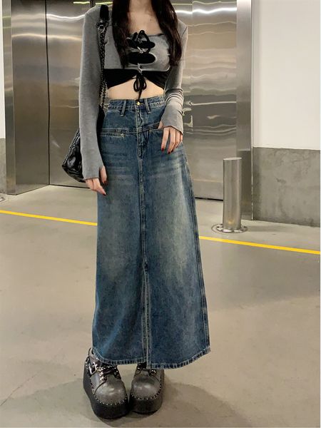 skirts vintage black slit midlength denim women's spring autumn simple pocket straight aline blue long female 230321
skirts vintage black slit midlength denim women's spring autumn simple pocket straight aline blue long female 230321