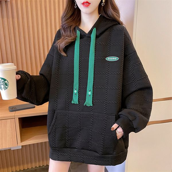 women's hoodies sweatshirts plush women hooded jacquard round neck embroidery panel medium length loose sweater size m--2xl, Black
women's hoodies sweatshirts plush women hooded jacquard round neck embroidery panel medium length loose sweater size m--2xl, Black