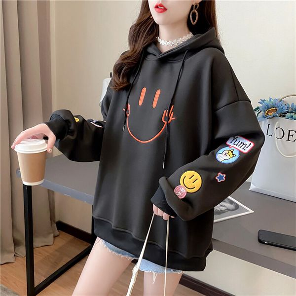 women's hoodies sweatshirts new plush thickened smiley face embroidery hoodie medium length loose large sweater women size m--2xl, Black
women's hoodies sweatshirts new plush thickened smiley face embroidery hoodie medium length loose large sweater women size m--2xl, Black