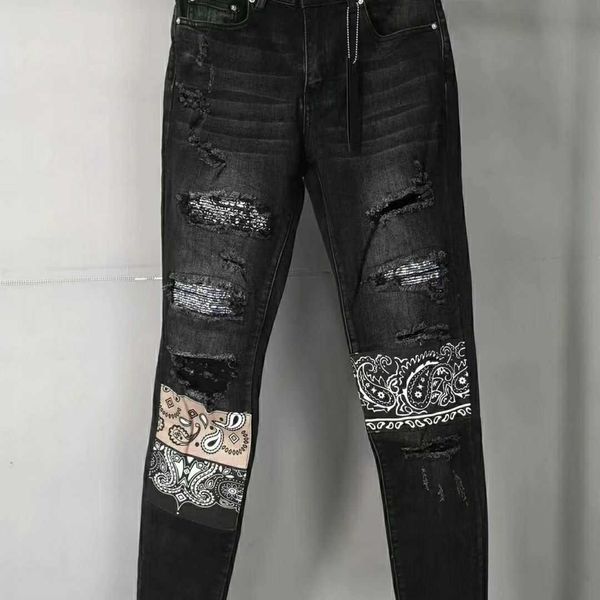 jeans mens am1r1 trousers pants mirri ripped fashion designer brand new men's white embroidery patch elastic slim denim hip hop high fq, Blue
jeans mens am1r1 trousers pants mirri ripped fashion designer brand new men's white embroidery patch elastic slim denim hip hop high fq, Blue