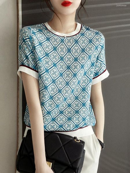 summer casual women's fashion short-sleeved smooth color contrast printed ice silk t-shirt elegant knitting tees, White
summer casual women's fashion short-sleeved smooth color contrast printed ice silk t-shirt elegant knitting tees, White