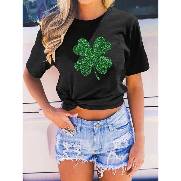 women's t-shirt round neck short sleeve t-shirt summer lucky grass print, White 
women's t-shirt round neck short sleeve t-shirt summer lucky grass print, White