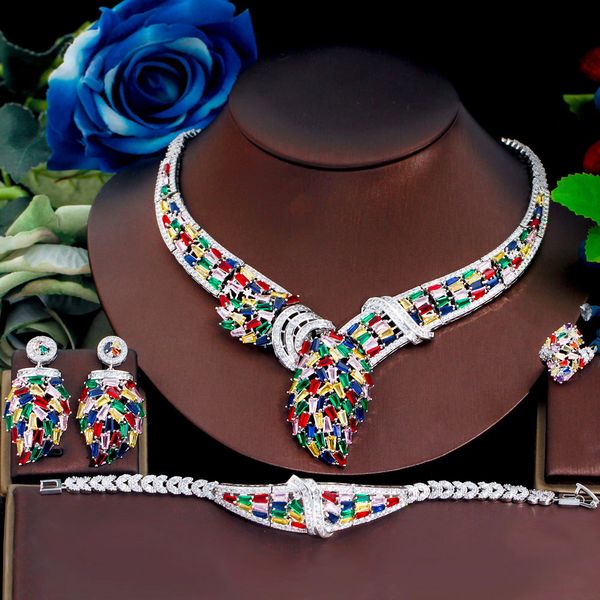 

wedding jewelry sets threegraces famous brand 4pcs multicolor cubic zirconia luxury nigerian dubai bridal wedding banquet jewelry set for wo, Slivery;golden