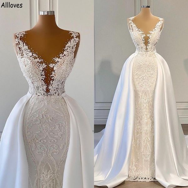 glamorous lace beaded mermaid wedding dresses with detachable train modest satin v neck sleeveless vestidos de novia arabic aso ebi plus siz, White
glamorous lace beaded mermaid wedding dresses with detachable train modest satin v neck sleeveless vestidos de novia arabic aso ebi plus siz, White