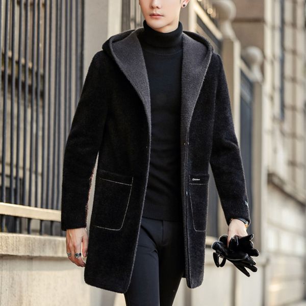 men's wool blends winter long jacket hooded casual business trench coat social streetwear en windbreaker clothing 230320, Black
men's wool blends winter long jacket hooded casual business trench coat social streetwear en windbreaker clothing 230320, Black