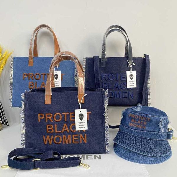 women set bucket hat with retail tote bag designer women denim handbag letter embroidered shoulder messager bag large capacity new cowboy ba, Blue;gray
women set bucket hat with retail tote bag designer women denim handbag letter embroidered shoulder messager bag large capacity new cowboy ba, Blue;gray