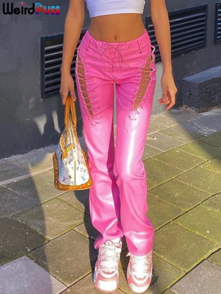 women's pants capris weird puss faux pu y2k high waist pants women chic hollow out bandage autumn trend leather club trousers slim stre, Black;white 
women's pants capris weird puss faux pu y2k high waist pants women chic hollow out bandage autumn trend leather club trousers slim stre, Black;white