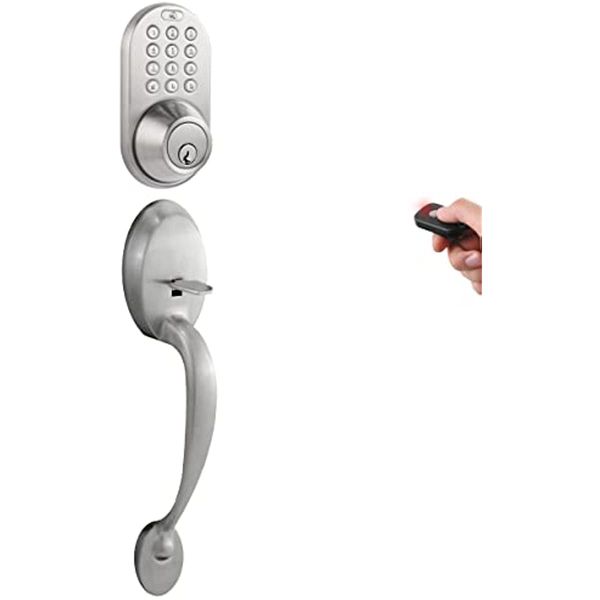 digital deadbolt door lock and passage handleset combo with keyless entry via remote control and keypad code for exterior doors, satin nicke
digital deadbolt door lock and passage handleset combo with keyless entry via remote control and keypad code for exterior doors, satin nicke