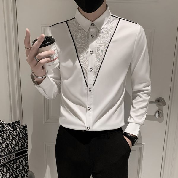 men's casual shirts luxury flowers splicing design shirt men autumn long sleeve camisa social masculina slim fit stage club wear formal, White;black 
men's casual shirts luxury flowers splicing design shirt men autumn long sleeve camisa social masculina slim fit stage club wear formal, White;black