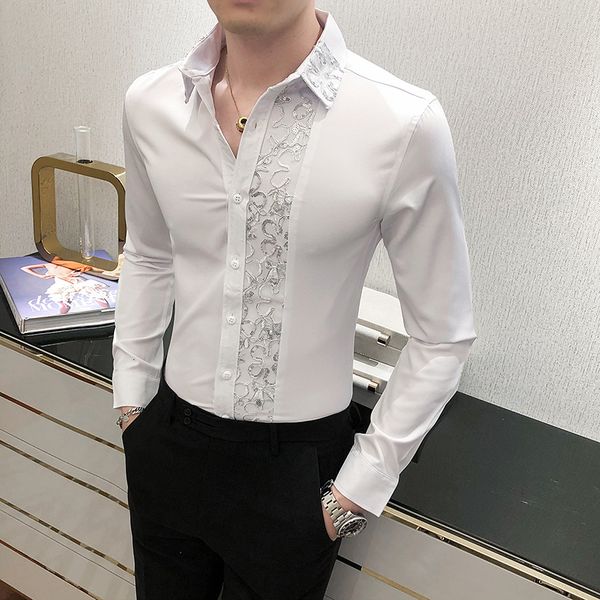 men's casual shirts chemises hommes lace patchwork shirt fashion men's nightclub party work shirt formal slim fit social party shi, White;black
men's casual shirts chemises hommes lace patchwork shirt fashion men's nightclub party work shirt formal slim fit social party shi, White;black