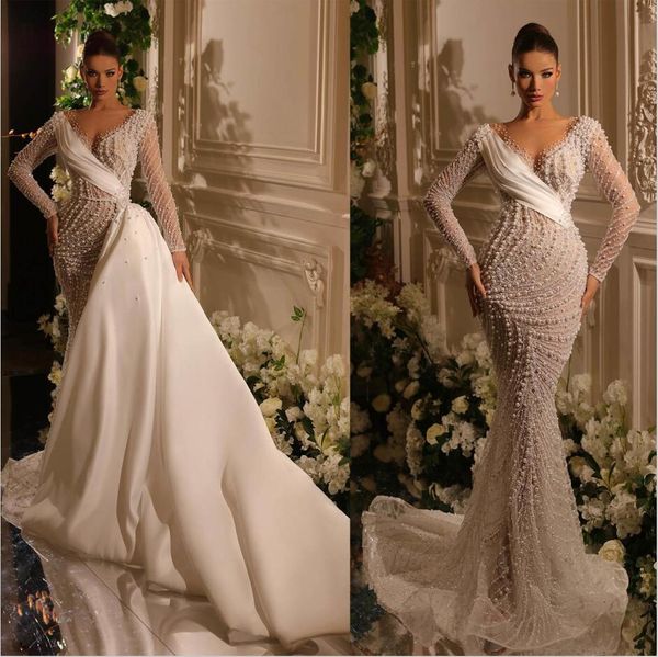 modern mermaid wedding dress pearls beading sheer v neck bridal gowns 2023 luxury beaded bride dresses with detachable train, White
modern mermaid wedding dress pearls beading sheer v neck bridal gowns 2023 luxury beaded bride dresses with detachable train, White