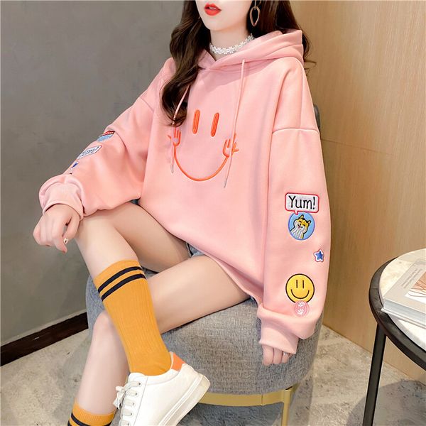 women's hoodies sweatshirts new plush thickened smiley face embroidery hoodie medium length loose large sweater women, Black
women's hoodies sweatshirts new plush thickened smiley face embroidery hoodie medium length loose large sweater women, Black