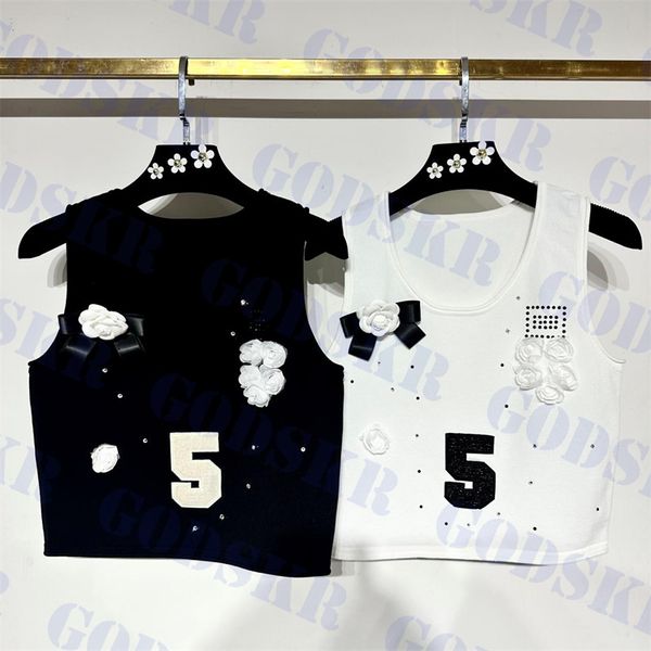 number 5 logo tank womens knitted t shirt flower decorative tanks clothes two colors, White
number 5 logo tank womens knitted t shirt flower decorative tanks clothes two colors, White
