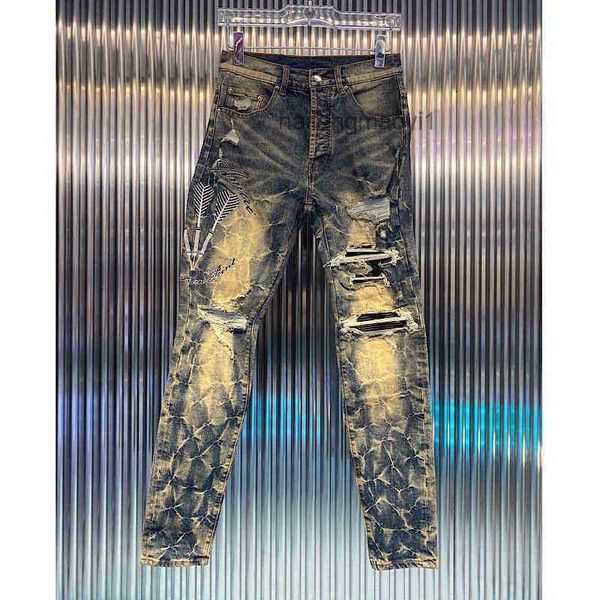 new washed yellow mud dirty blue feather embroidery hole patching slim fit jeans men
new washed yellow mud dirty blue feather embroidery hole patching slim fit jeans men