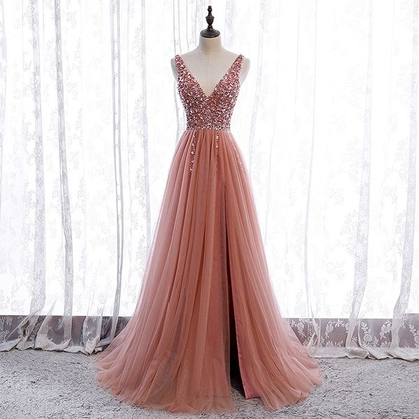 coral prom dresses split sleeveless shiny lace-up beaded a-line v-neck party formal celebrity ceremony evening gowns with train, Black
coral prom dresses split sleeveless shiny lace-up beaded a-line v-neck party formal celebrity ceremony evening gowns with train, Black