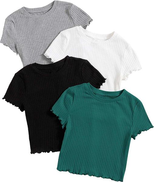 women's t-shirt 4 pack short sleeve trim ribbed knit tees crop solid color short t-shirt 8gra, White
women's t-shirt 4 pack short sleeve trim ribbed knit tees crop solid color short t-shirt 8gra, White