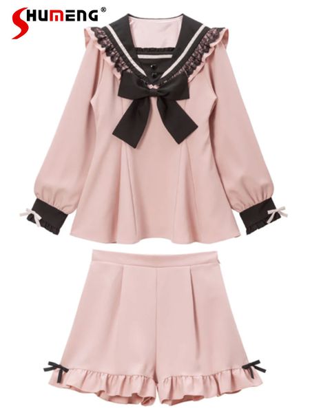 womens tracksuits japanese style 2 piece sets outfits cute long sleeve ruffles sailor collar slim waist bowknot shirts and shorts student 23, Gray
womens tracksuits japanese style 2 piece sets outfits cute long sleeve ruffles sailor collar slim waist bowknot shirts and shorts student 23, Gray