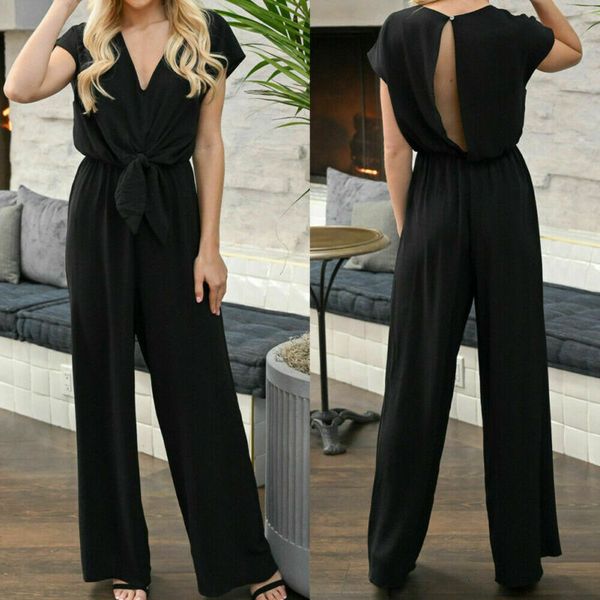 

womens jumpsuits rompers women v neck simple chic jumpsuit fashion short sleeve solid straight playsuits lady high street overall trouser 23, Black;white