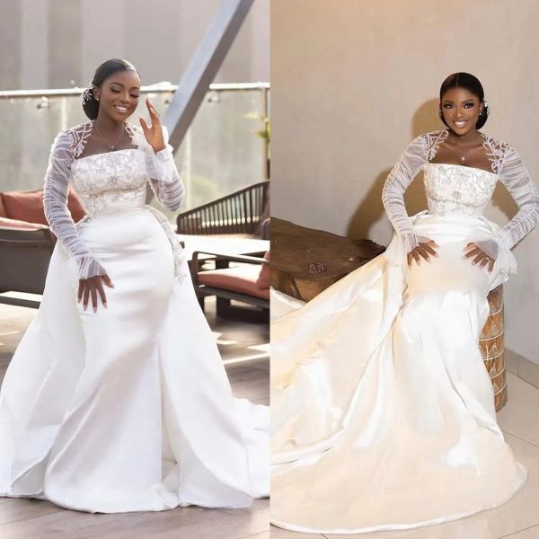 2023 mermaid wedding dresses bridal gown with overskirt long sleeves lace applique beaded ruffles bateau satin custom made country plus size, White
2023 mermaid wedding dresses bridal gown with overskirt long sleeves lace applique beaded ruffles bateau satin custom made country plus size, White