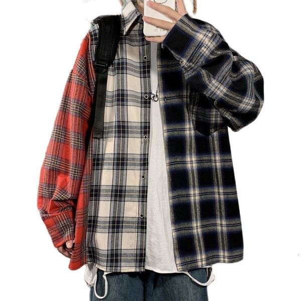 men's casual shirts men's long-sleeved plaid patchwork shirts cotton shirt hip hop insta-style korean harajuku youth clothing over, White;black
men's casual shirts men's long-sleeved plaid patchwork shirts cotton shirt hip hop insta-style korean harajuku youth clothing over, White;black