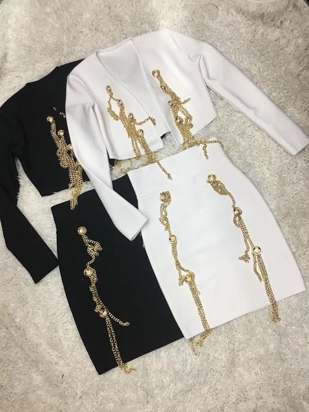 two piece dress 2 colors women pieces set button chains rayon bodycon bandage and mini suit 230321, White
two piece dress 2 colors women pieces set button chains rayon bodycon bandage and mini suit 230321, White