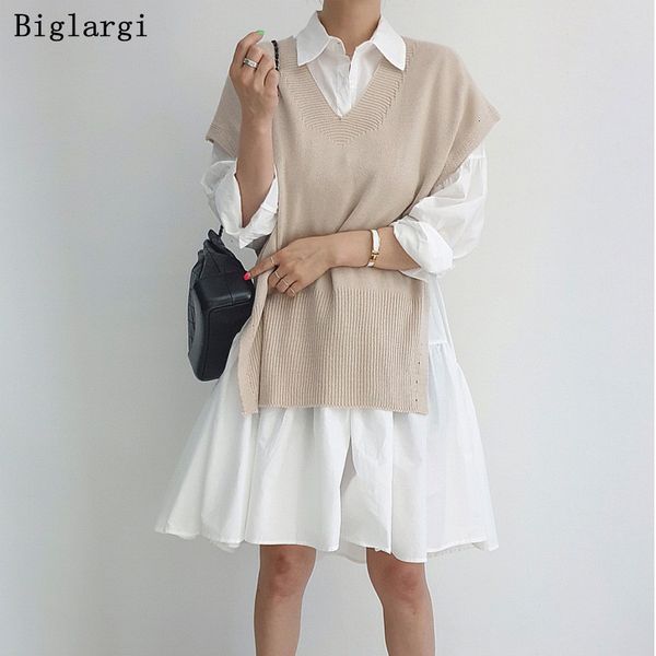 two piece dress spring antumn 2 set elegant long sleeve shirt women solid color knitted vest korean style casual fashion sets 230321, White
two piece dress spring antumn 2 set elegant long sleeve shirt women solid color knitted vest korean style casual fashion sets 230321, White