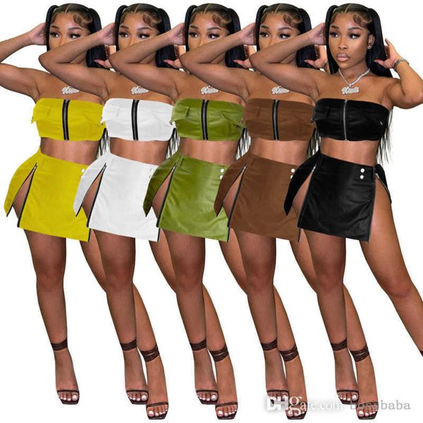 2023 fashion women 2 piece dress solid color crop pu leather zipper belt slit two piece skirt set outfits women's sets, White
2023 fashion women 2 piece dress solid color crop pu leather zipper belt slit two piece skirt set outfits women's sets, White