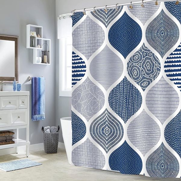 Shower Curtains Navy Boho Shower Curtain Set Abstract Bohemian Light Blue Leaf for Grey Bathroom Decor Dark Blue Geometric Fabric Bath Curtains 230322