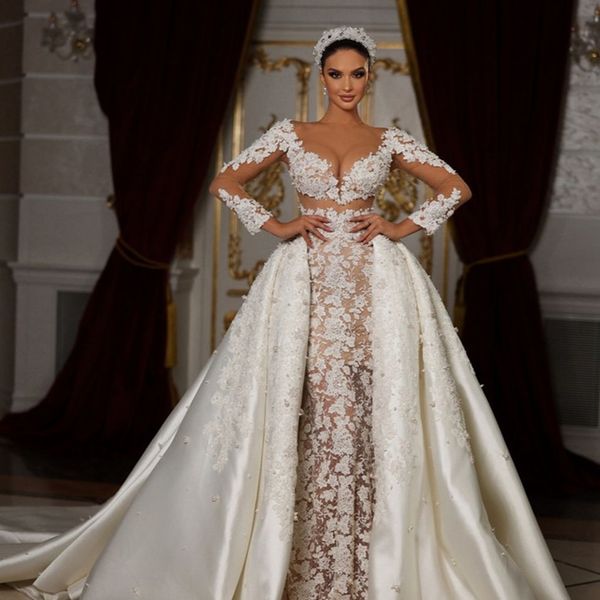 classic pearls wedding dresses sheer neck bridal gown custom made illusion lace appliques with detachable train wedding gowns, White
classic pearls wedding dresses sheer neck bridal gown custom made illusion lace appliques with detachable train wedding gowns, White