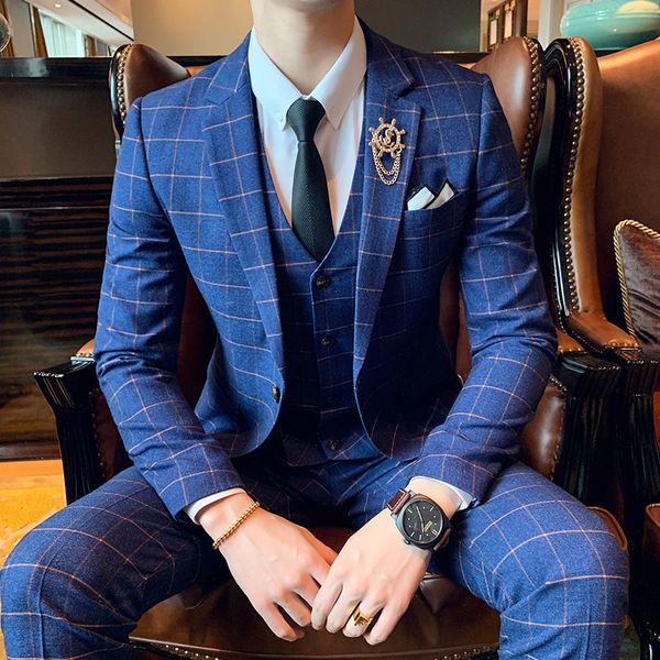 

men's suits blazers british business casual solid color plaid suit three-piece korean version of youth slim-fit groom man unity wedding, White;black