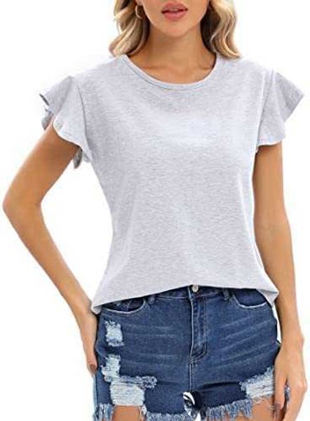 women's short sleeve crew neck t-shirts summer ruffled t-shirts casual loose cotton teestl5t, White
women's short sleeve crew neck t-shirts summer ruffled t-shirts casual loose cotton teestl5t, White