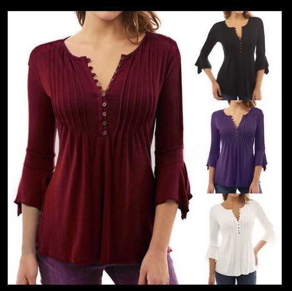 2023 women's 7-point flare sleeve v-neck large crimped solid color t-shirt bottom shirt, White
2023 women's 7-point flare sleeve v-neck large crimped solid color t-shirt bottom shirt, White