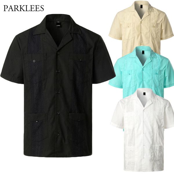 men's casual shirts revere collar cuban guayabera shirt men short sleeve casual button down embroidery mens shirts soft breathable soli, White;black
men's casual shirts revere collar cuban guayabera shirt men short sleeve casual button down embroidery mens shirts soft breathable soli, White;black