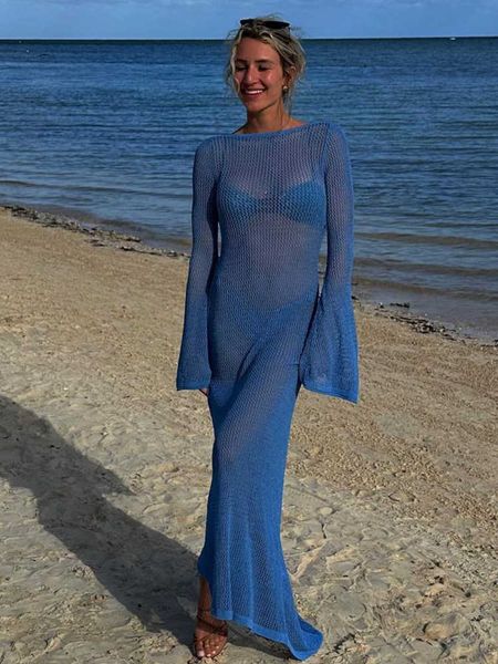 party dresses blue knitted maxi dress 2023 fashion summer women mesh hollow out see through backless slim beach vacation outfits y2303, White;black
party dresses blue knitted maxi dress 2023 fashion summer women mesh hollow out see through backless slim beach vacation outfits y2303, White;black