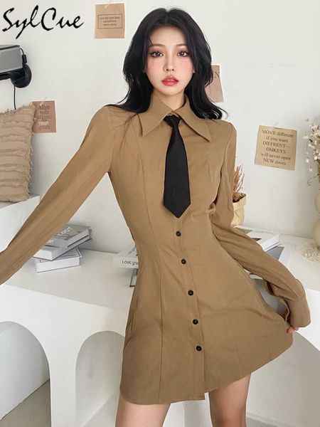 party dresses retro brown college style clean simple slim casual street travel supple women's long-sleeved shirt a-line dress with tie, White;black
party dresses retro brown college style clean simple slim casual street travel supple women's long-sleeved shirt a-line dress with tie, White;black