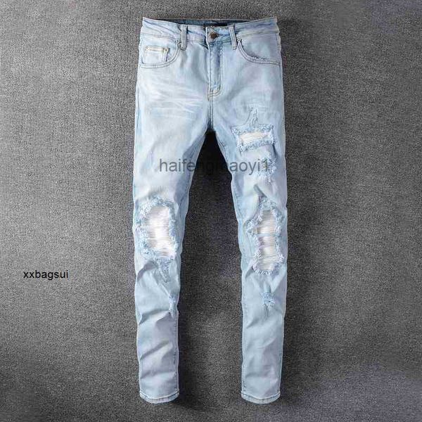 mens jeans designer spring new high street style tide light color perforated jeans white patch elastic leggings 624 hip hop, Blue
mens jeans designer spring new high street style tide light color perforated jeans white patch elastic leggings 624 hip hop, Blue