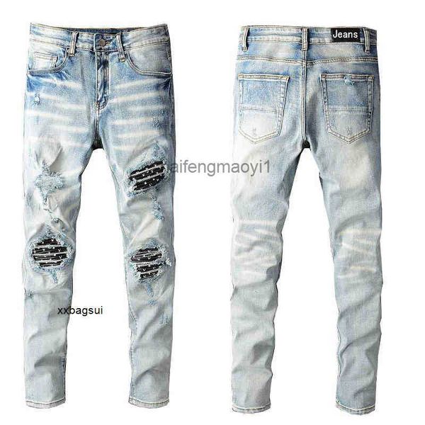 mens jeans trend light blue patch hole elastic tight legged jeans #802