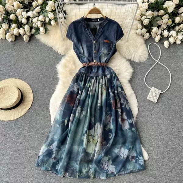 feminine ladies dress v-neck denim panel lace up chiffon print dress elegant swing long dress, Black;gray
feminine ladies dress v-neck denim panel lace up chiffon print dress elegant swing long dress, Black;gray