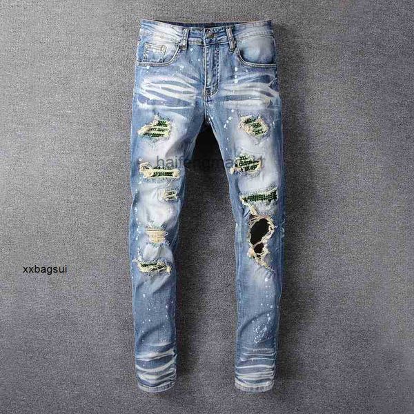 mens jeans designer high street fashion brand green diamond inlaid hole patch jeans young men's elastic tight leggings 613 hip, Blue
mens jeans designer high street fashion brand green diamond inlaid hole patch jeans young men's elastic tight leggings 613 hip, Blue