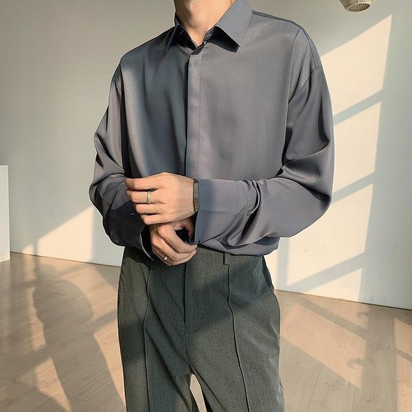 men's casual shirts high-quality gray drape long sleeve shirts for men retro spring chiffon loose casual korean fashion hidden buckle s, White;black
men's casual shirts high-quality gray drape long sleeve shirts for men retro spring chiffon loose casual korean fashion hidden buckle s, White;black