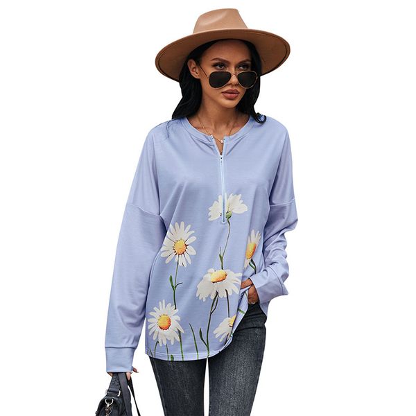 crew neck floral printed women's t-shirt popular long length half zipper closure panelled fashion pullover & tees with regular long sl, White
crew neck floral printed women's t-shirt popular long length half zipper closure panelled fashion pullover & tees with regular long sl, White