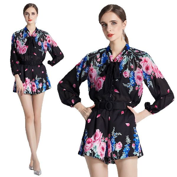 2023 women floral short pant sets summer designer black two piece set fashion print bow tie neck shirt and shorts holiday suits long sleeve, White
2023 women floral short pant sets summer designer black two piece set fashion print bow tie neck shirt and shorts holiday suits long sleeve, White