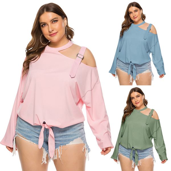 women's plus size t-shirt summer straps trim solid color blouse bow long sleeve slanted shoulder t-shirt, Black
women's plus size t-shirt summer straps trim solid color blouse bow long sleeve slanted shoulder t-shirt, Black