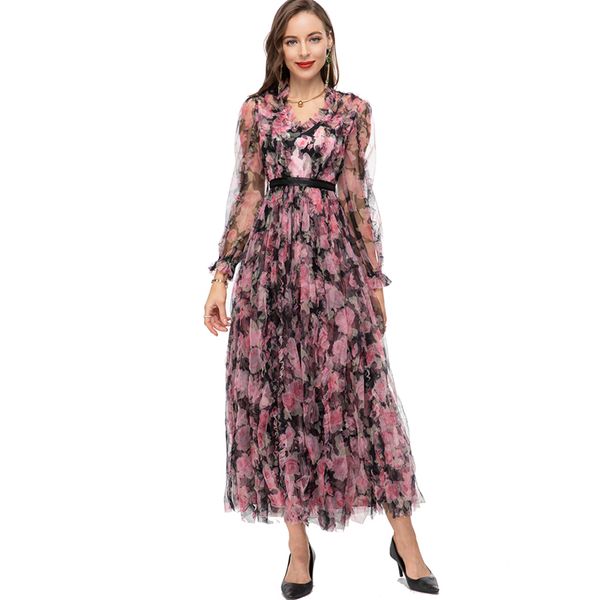women's runway dresses v neck long sleeves floral printed ruffles elegant fashion designer vestidos prom, Black
women's runway dresses v neck long sleeves floral printed ruffles elegant fashion designer vestidos prom, Black