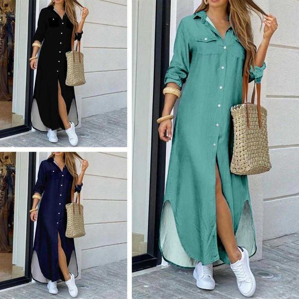 party dresses for women 2023 buttons long sleeve loose split casual solid maxi dress y2303, White;black
party dresses for women 2023 buttons long sleeve loose split casual solid maxi dress y2303, White;black
