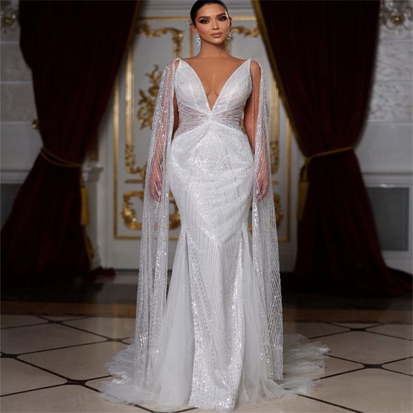 luxury mermaid wedding dresses deep v-neck shining sequined special design backless pleats zipper chapel gown custom made plus size bridal g, White
luxury mermaid wedding dresses deep v-neck shining sequined special design backless pleats zipper chapel gown custom made plus size bridal g, White