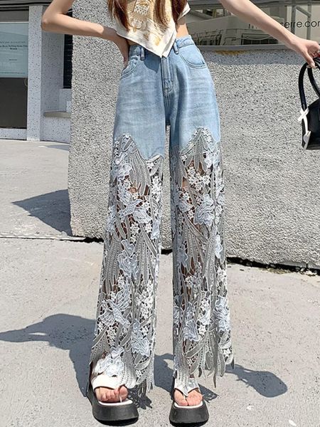 women's jeans autumn loose and versatile hollow out lace stitching denim pant high waist wide leg pants female casual trousers 230323, Blue
women's jeans autumn loose and versatile hollow out lace stitching denim pant high waist wide leg pants female casual trousers 230323, Blue