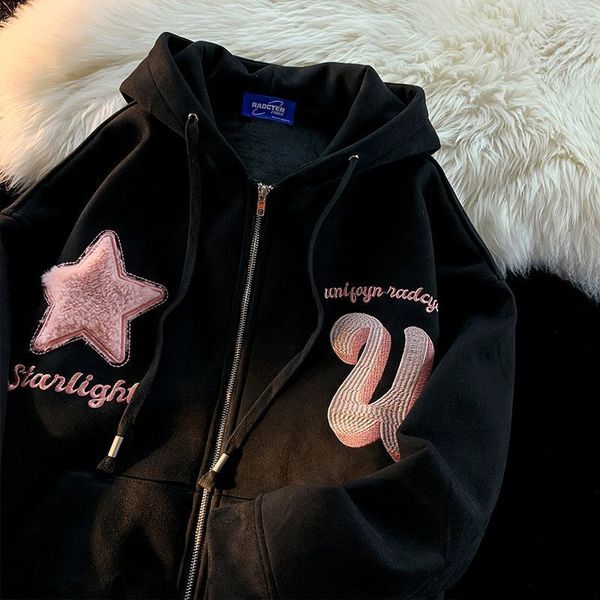 men's hoodies sweatshirts american letter embroidered zipper fashion high street hip hop flocking loose couple casual 230323, Black
men's hoodies sweatshirts american letter embroidered zipper fashion high street hip hop flocking loose couple casual 230323, Black