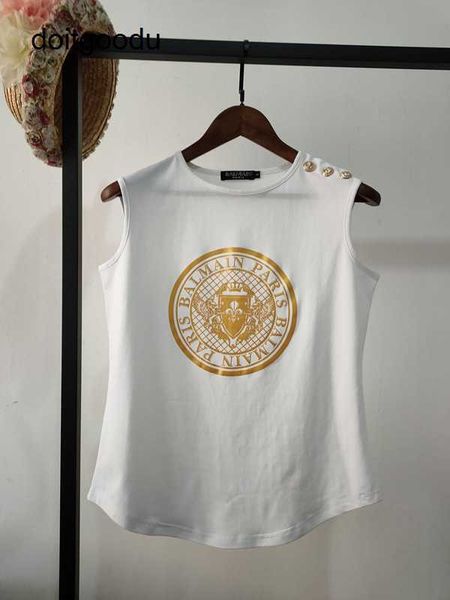 balmn xi mengyao same style stamping letter cotton gold button arc hem sleeveless tank female men and women's t shirt q166, White
balmn xi mengyao same style stamping letter cotton gold button arc hem sleeveless tank female men and women's t shirt q166, White
